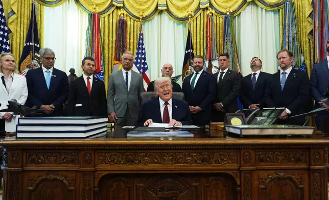 President Donald Trump speaks in the Oval Office of the White House, Saturday, April 18, 2026, in Washington. (AP Photo/Julia Demaree Nikhinson)