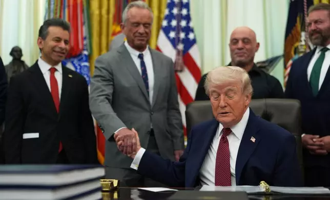 President Donald Trump shakes hands with U.S. Secretary of Health and Human Services Robert Kennedy Jr. in the Oval Office of the White House, Saturday, April 18, 2026, in Washington. (AP Photo/Julia Demaree Nikhinson)