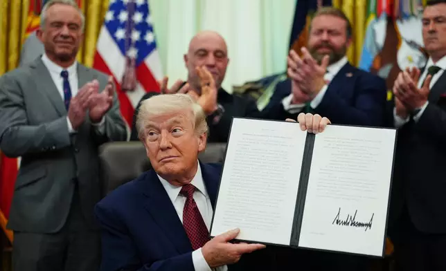 President Donald Trump holds up a signed executive order in the Oval Office of the White House, Saturday, April 18, 2026, in Washington. (AP Photo/Julia Demaree Nikhinson)