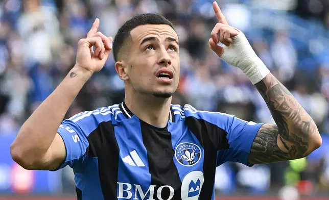 CF Montreal's Ivan Jaime (10) reacts after scoring against the Philadelphia Union during the first half of an MLS soccer game in Montreal, Saturday, April 11, 2026. (Graham Hughes/The Canadian Press via AP)