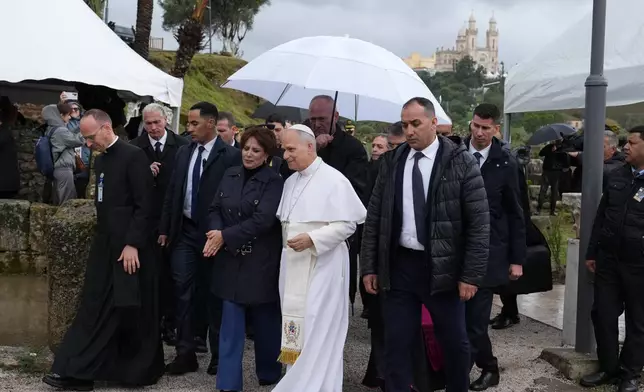 Pope Leo XIV visits the archaeological site of Hippo, in Annaba, Algeria, Tuesday, April 14, 2026, on the second day of an 11-day apostolic journey to Africa. (AP Photo/Andrew Medichini)