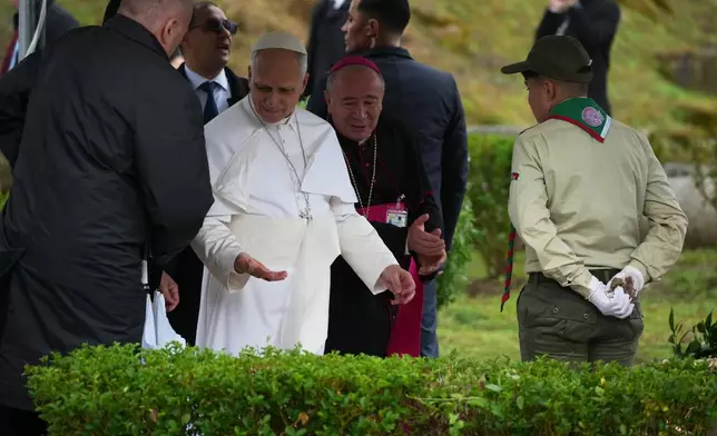 Pope Leo XIV visits the archaeological site of Hippo, in Annaba, Algeria, Tuesday, April 14, 2026, on the second day of an 11-day apostolic journey to Africa. (AP Photo/Andrew Medichini)