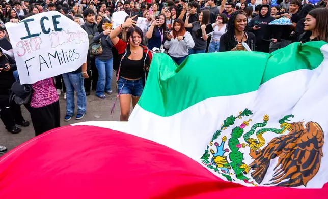 FILE - Students stage a walkout in protest against U.S. Immigration and Customs Enforcement (ICE) in schools and mass deportations, Feb. 6, 2025, at Sam Houston Math, Science, and Technology Center High School in Houston. (Brett Coomer/Houston Chronicle via AP, File)
