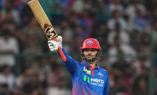 Delhi Capitals' Sameer Rizvi celebrates his fifty runs during the Indian Premier League cricket match between Delhi Capitals and Mumbai Indians in New Delhi, India, Saturday, April. 4, 2026. (AP Photo/Manish Swarup)