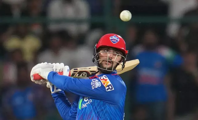 Delhi Capitals' Sameer Rizvi plays a shot during the Indian Premier League cricket match between Delhi Capitals and Mumbai Indians in New Delhi, India, Saturday, April. 4, 2026. (AP Photo/Manish Swarup)