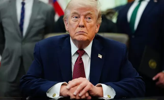 President Donald Trump listens in the Oval Office of the White House, Saturday, April 18, 2026, in Washington. (AP Photo/Julia Demaree Nikhinson)