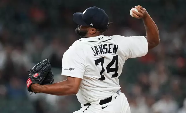 Detroit Tigers pitcher Kenley Jansen throws against the Kansas City Royals during the ninth inning of a baseball game Tuesday, April 14, 2026, in Detroit. (AP Photo/Paul Sancya)