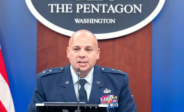Deputy Assistant Secretary for Budget, Oﬃce of the Assistant Secretary of the Air Force for Financial Management and Comptroller Maj. Gen. Frank Verdugo talks to reporters during a briefing on the Air Force's FY27 budget request in the Pentagon, Tuesday, April 21, 2026 in Washington. (AP Photo/Kevin Wolf)