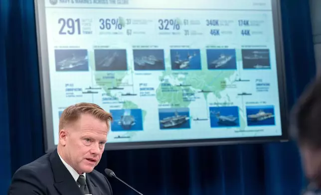 Deputy Assistant Secretary of the Navy for Budget/Director, Fiscal Management Division, Rear Adm. Ben Reynolds talks to reporters during a briefing on the Navy's FY27 budget at the Pentagon, Tuesday, April 21, 2026 in Washington. (AP Photo/Kevin Wolf)