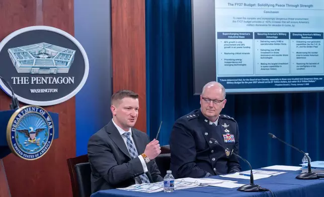 Acting Under Secretary of Defense and Comptroller, Jules Hurst III, left, and Director of Force Structure, Resources and Assessment of the Joint Chief of Staff Space Force Lt. Gen. Steven Whitney, talk with members of the media during a briefing on the Department of Defense's FY27 Budget Request at the Pentagon, Tuesday, April 21, 2026 in Washington. (AP Photo/Kevin Wolf)
