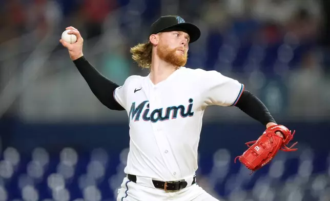 Miami Marlins starting pitcher Max Meyer delivers during the second inning of a baseball game against the St. Louis Cardinals, Monday, April 20, 2026, in Miami. (AP Photo/Rebecca Blackwell)