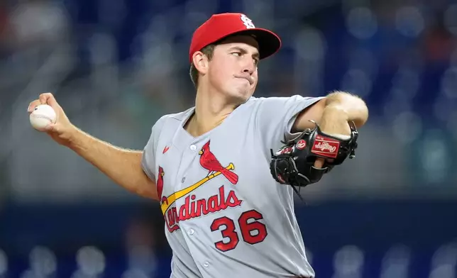 St. Louis Cardinals starting pitcher Michael McGreevy (36) pitches during the second inning of a baseball game against the Miami Marlins, Monday, April 20, 2026, in Miami. (AP Photo/Rebecca Blackwell)
