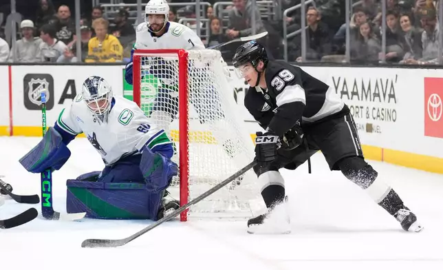 Los Angeles Kings left wing Jeff Malott, right, tries to get a shot past Vancouver Canucks goaltender Nikita Tolopilo during the second period of an NHL hockey game Thursday, April 9, 2026, in Los Angeles. (AP Photo/Mark J. Terrill)
