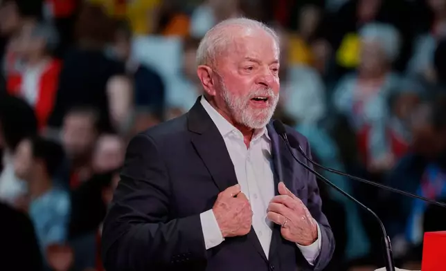 FILE - Brazil's President Luiz Inacio Lula da Silva delivers his speech during the Global Progressive Mobilization summit in Barcelona, Spain, April 18, 2026. (AP Photo/Joan Monfort, File)
