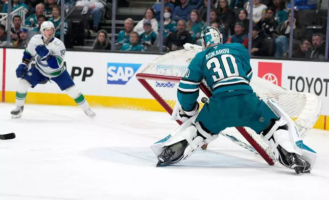 Vancouver Canucks center Marco Rossi, left, scores past San Jose Sharks goaltender Yaroslav Askarov (30) during the second period of an NHL hockey game in San Jose, Calif., Saturday, April 11, 2026. (AP Photo/Tony Avelar)