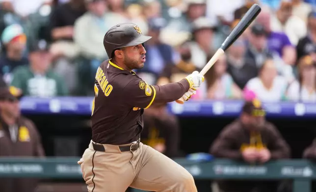 San Diego Padres' Ramón Laureano follows the flight of his triple off Colorado Rockies relief pitcher Zach Agnos in the fourth inning of a baseball game Thursday, April 23, 2026, in Denver. (AP Photo/David Zalubowski)