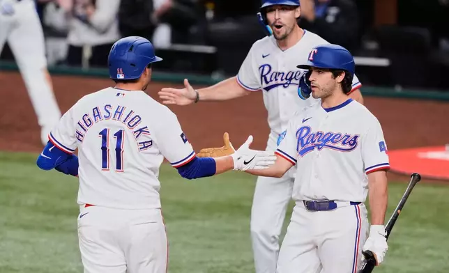 Texas Rangers' Kyle Higashioka (11) celebrates with Josh Smith, right, and Evan Carter, rear, after hitting a two-run home run in the fifth inning of a baseball game against the Seattle Mariners Tuesday, April 7, 2026, in Arlington, Texas. (AP Photo/Tony Gutierrez)