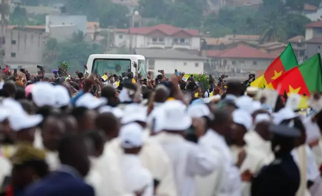 Pope Leo XIV arrives to celebrate Mass at Yaounde Ville Airport, Cameroon, Saturday, April 18, 2026 on the sixth day of his 11-day pastoral visit to Africa. (AP Photo/Andrew Medichini)