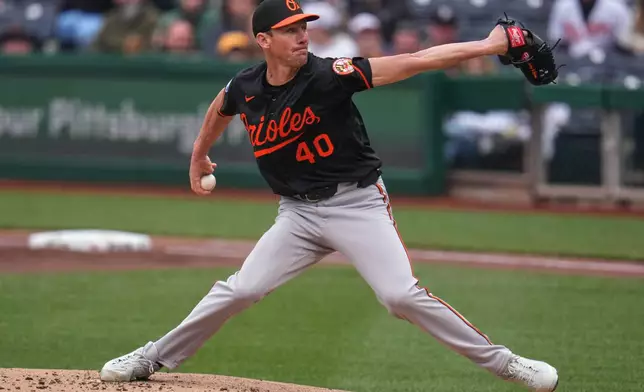 Baltimore Orioles pitcher Chris Bassitt delivers during the first inning of a baseball game against the Pittsburgh Pirates in Pittsburgh, Sunday, April 5, 2026. (AP Photo/Gene J. Puskar)