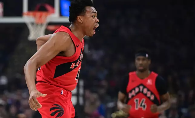 Toronto Raptors forward Scottie Barnes reacts after a foul was not called in his favor during the first half in Game 1 of a first-round NBA playoff basketball series against the Cleveland Cavaliers, Saturday, April 18, 2026, In Cleveland. (AP Photo/David Dermer)