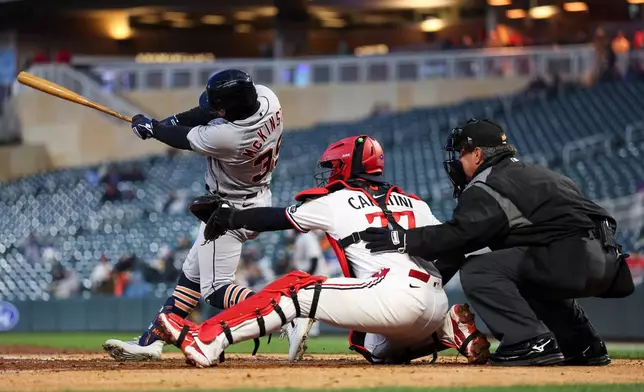 Detroit Tigers' Zach McKinstry, left, hits a two RBI double against the Minnesota Twins during the fourth inning of baseball game Monday, April 6, 2026, in Minneapolis. (AP Photo/Matt Krohn)