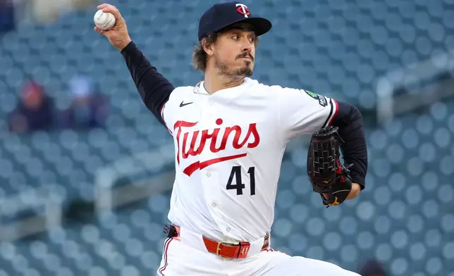 Minnesota Twins starting pitcher Joe Ryan delivers against the Detroit Tigers during the first inning of baseball game Monday, April 6, 2026, in Minneapolis. (AP Photo/Matt Krohn)