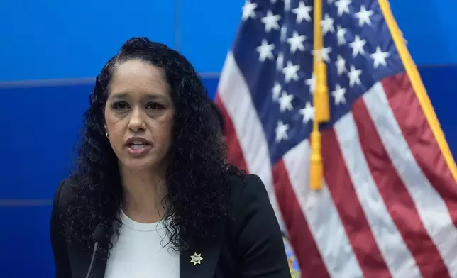 San Francisco District Attorney Brooke Jenkins speaks during a news conference Monday, April 13, 2026, in San Francisco. (AP Photo/Jeff Chiu)