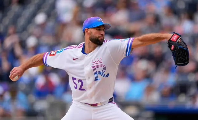 Kansas City Royals starting pitcher Michael Wacha throws during the first inning of a baseball game against the Chicago White Sox, Saturday, April 11, 2026, in Kansas City, Mo. (AP Photo/Charlie Riedel)