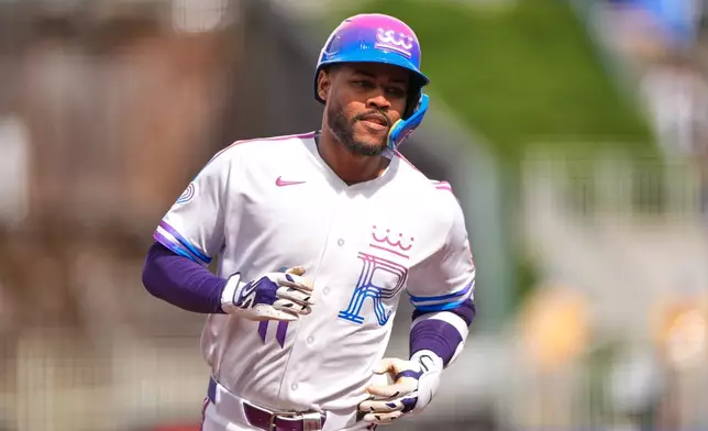 Kansas City Royals' Maikel Garcia runs the bases after hitting a solo home run during the first inning of a baseball game against the Chicago White Sox, Saturday, April 11, 2026, in Kansas City, Mo. (AP Photo/Charlie Riedel)