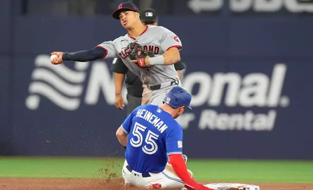 Cleveland Guardians second baseman Juan Brito (34) relays to first for a double play hit into Toronto Blue Jay's Myles Straw after forcing out Blue Jays' Tyler Heineman (55) at second during the third inning of a baseball game in Toronto, Saturday, April 25, 2026. (Chris Young/The Canadian Press via AP)