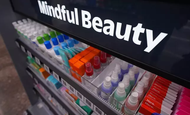 Items are displayed at Walmart's beauty counter, Wednesday, April 29, 2026, in Grapevine, Texas. (AP Photo/Julio Cortez)