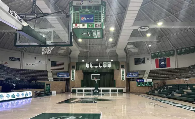 The Delta State basketball court is seen, Feb. 17, 2026, in Cleveland, Miss. (AP Photo/Alanis Thames)