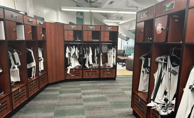 The Delta State women's basketball locker room is seen, Feb. 17, 2026, in Cleveland, Miss. (AP Photo/Alanis Thames)