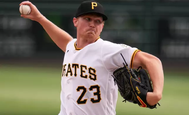 Pittsburgh Pirates pitcher Mitch Keller delivers during the second inning of a baseball game against the Baltimore Orioles in Pittsburgh, Friday, April 3, 2026. (AP Photo/Gene J. Puskar)