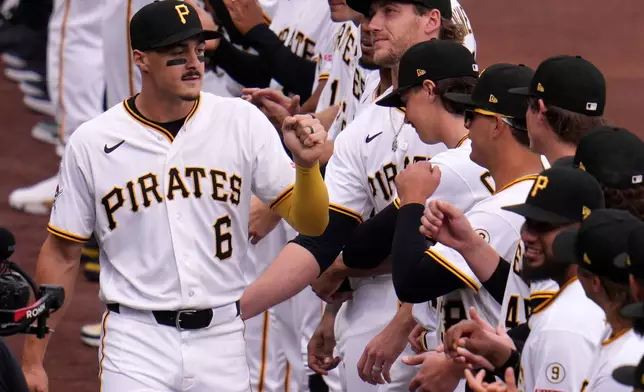 Pittsburgh Pirates' Konnor Griffin (6) is introduced for his major league debut before a baseball game against the Baltimore Orioles in Pittsburgh, Friday, April 3, 2026. (AP Photo/Gene J. Puskar)