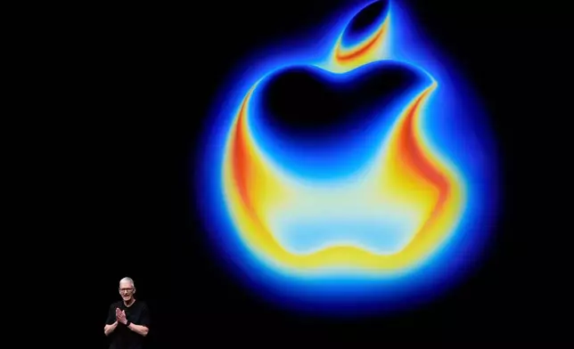 FILE - Apple CEO Tim Cook speaks on stage during an announcement of new products at Apple Park on Tuesday, Sept. 9, 2025, in Cupertino, Calif. (AP Photo/Godofredo A. Vásquez, File)