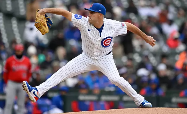Chicago Cubs starter Matthew Boyd delivers a pitch during a baseball game against the Los Angeles Angels in Chicago, Wednesday, April 1, 2026. (AP Photo/Paul Beaty)