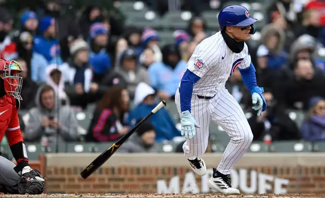 Chicago Cubs' Matt Shaw watches his RBI single during the third inning of a baseball game against the Los Angeles Angels in Chicago, Wednesday, April 1, 2026. (AP Photo/Paul Beaty)