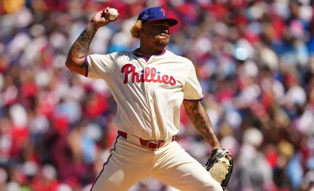 Philadelphia Phillies pitcher Taijuan Walker throws during the third inning of a baseball game against the Arizona Diamondbacks, Saturday, April 11, 2026, in Philadelphia. (AP Photo/Derik Hamilton)