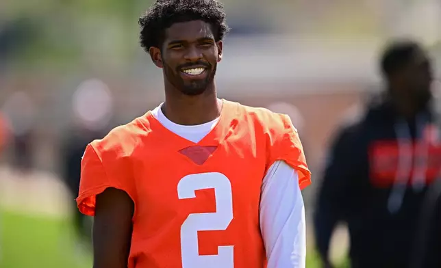 Cleveland Browns quarterback Shedeur Sanders walks off the field after an NFL football practice, Tuesday, April 21, 2026, in Berea, Ohio. (AP Photo/David Dermer)