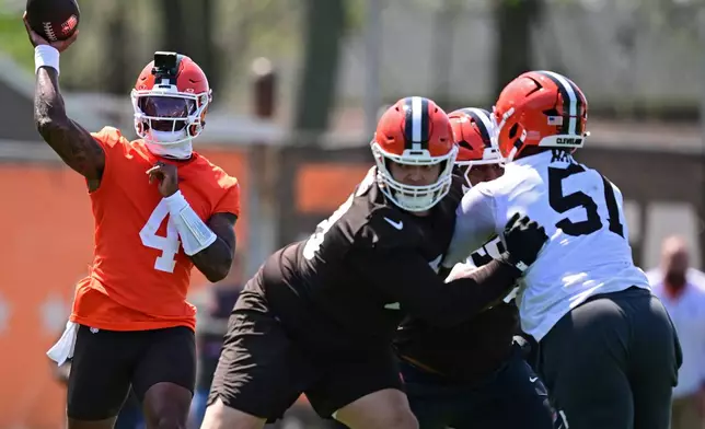 Cleveland Browns quarterback Deshaun Watson throws a pass during NFL football practice, Tuesday, April 21, 2026, in Berea, Ohio. (AP Photo/David Dermer)