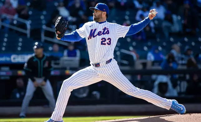New York Mets pitcher David Peterson (23) pitches during the first inning of a baseball game against the Arizona Diamondbacks, Wednesday, April 8, 2026, in New York. (AP Photo/Angelina Katsanis)