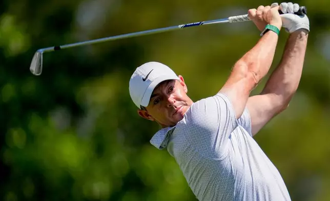 Rory McIlroy, of Northern Ireland, hits his tee shot on the fourth hole during the second round of the Masters golf tournament at the Augusta National Golf Club, Friday, April 10, 2026, in Augusta, Ga. (AP Photo/Ashley Landis)