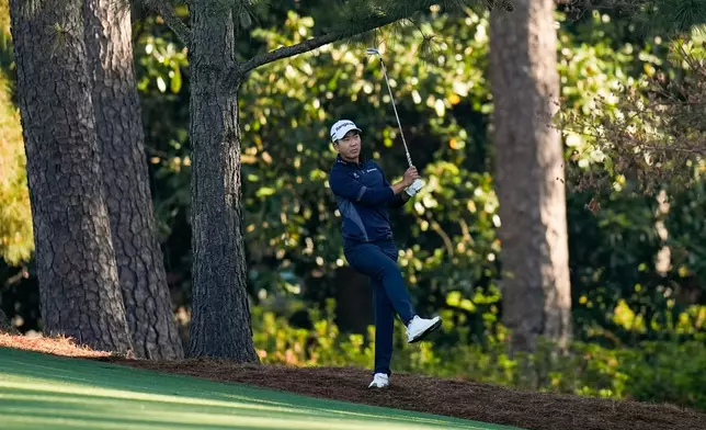 Michael Kim watches his shot on the second hole during the second round of the Masters golf tournament at the Augusta National Golf Club, Friday, April 10, 2026, in Augusta, Ga. (AP Photo/Eric Gay)