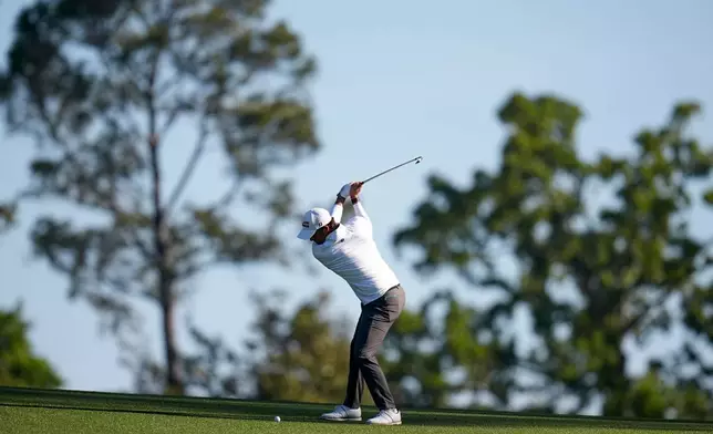 Davis Riley hits from the fairway on the second hole during the second round of the Masters golf tournament at the Augusta National Golf Club, Friday, April 10, 2026, in Augusta, Ga. (AP Photo/Eric Gay)