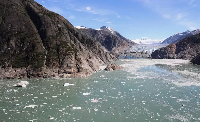 This photo provided by the U.S. Geological Survey looks up Tracy Arm fjord to the terminus of the South Sawyer Glacier about 80 miles southeast of Juneau, Alaska, on Aug. 13, 2025, days after a landslide in the area. (John Lyons/U.S. Geological Survey via AP)