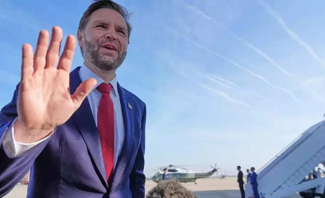 Vice President JD Vance speaks to the press before boarding Air Force Two, Friday, April 10, 2026, at Joint Base Andrews, Md., for expected departure to Pakistan, for talks on Iran. (AP Photo/Jacquelyn Martin, pool)