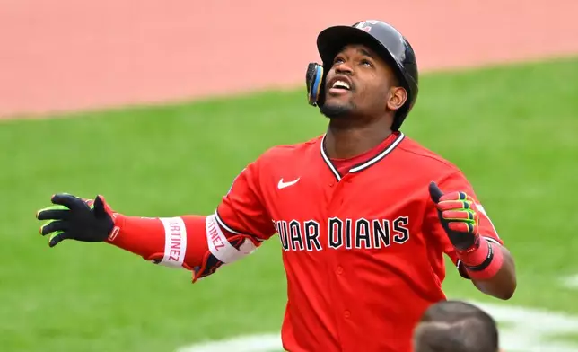Cleveland Guardians' Angel Martinez celebrates his solo home run in the second inning against the Houston Astros in Cleveland, Tuesday, April 21, 2026. (AP Photo/David Richard)