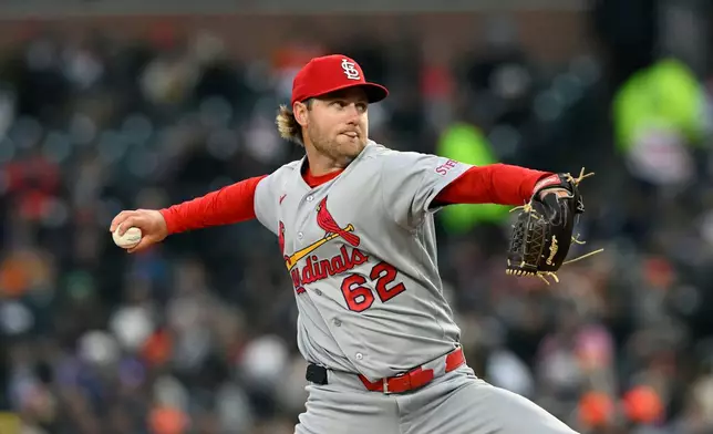 St. Louis Cardinals starting pitcher Kyle Leahy throws in the first inning of a baseball game against the Detroit Tigers, Sunday, April 5, 2026, in Detroit. (AP Photo/Jose Juarez)
