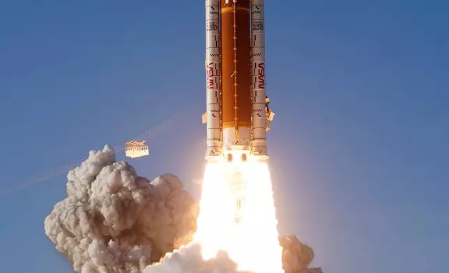 NASA's Artemis II moon rocket lifts off from the Kennedy Space Center's Launch Pad 39-B Wednesday, April 1, 2026, in Cape Canaveral, Fla. (AP Photo/Chris O'Meara)